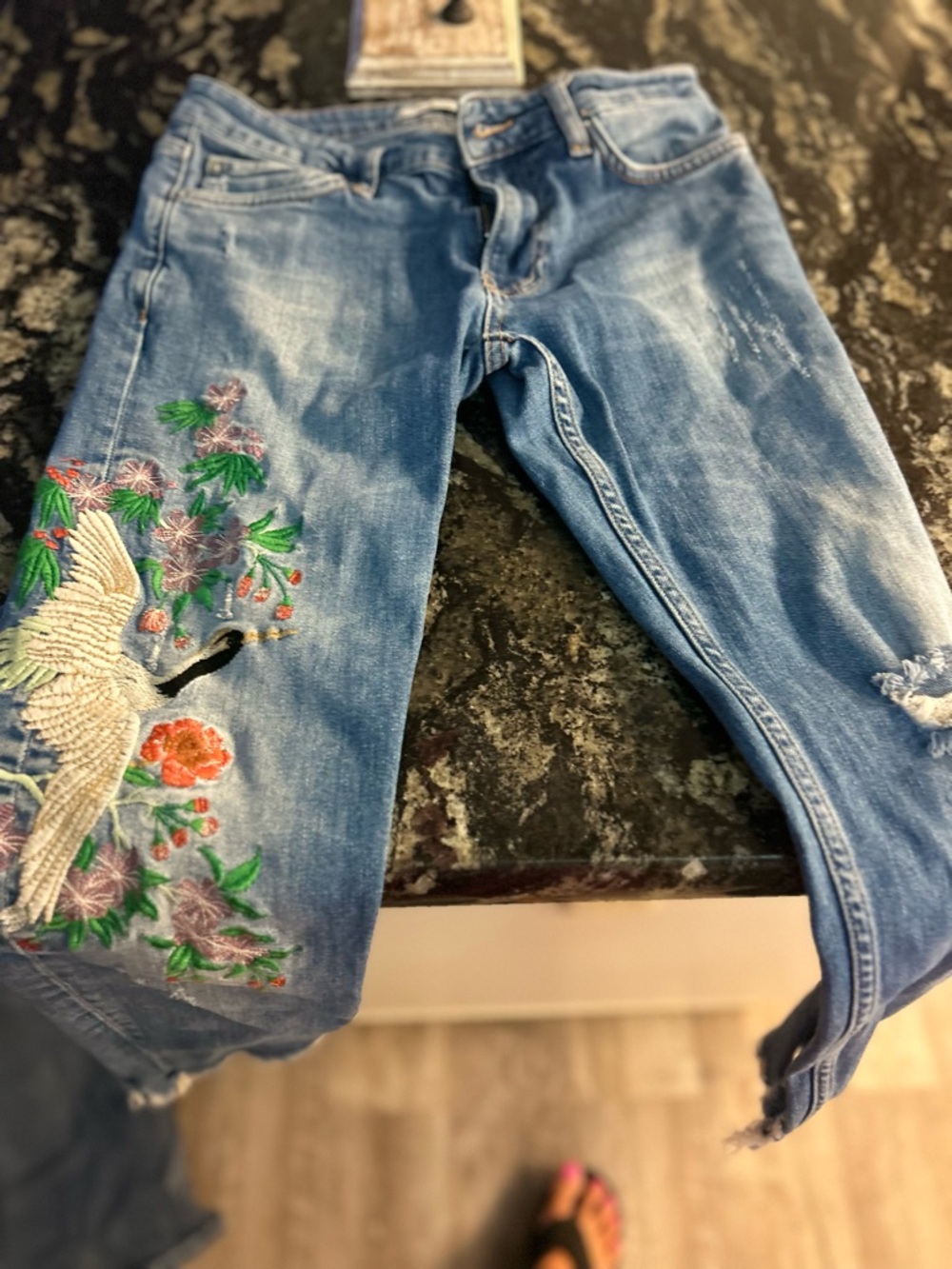 Blue Embroidered Floral Crane Women’s Jeans